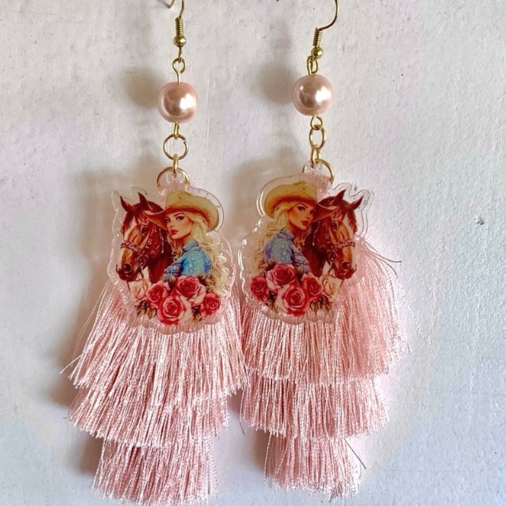 Country Girl Pink Tassel Earrings - Picture 3 of 4